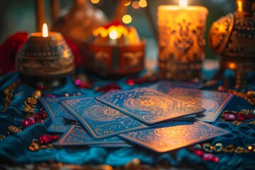 A mysterious scene of a psychic reading tarot cards by candlelight