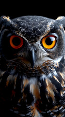 A close up of an owl's face with its eyes open and yellow