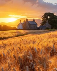 A panoramic view of a Scottish Highland distillery at sunset, with fields of barley in the foreground, tying the landscape to the origins of the whiskey