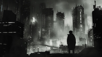 silhouette of a person in a dystopic city