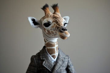 A sophisticated baby giraffe in a tailored blazer, proving that height and style go hand in hand