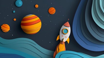 Naklejka premium Minimalist papercut solar system, vibrant planet colors against a dark sky, simplistic rocket design, graphic design style