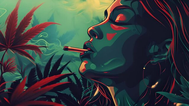 Illustration of a beautiful woman smoking a marijuana joint while surrounded by cannabis plants. Background for cannabis products advertisement.