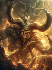 Malevolent Demon Lord Surrounded by Swirling Hellfire in Dark Fantasy Artwork