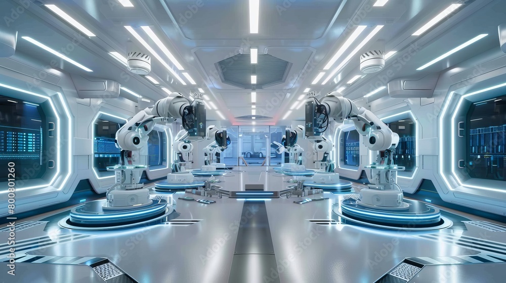 Aufkleber illustrated in 3d rendering, a futuristic factory or workshop features assembly robot arms alongside