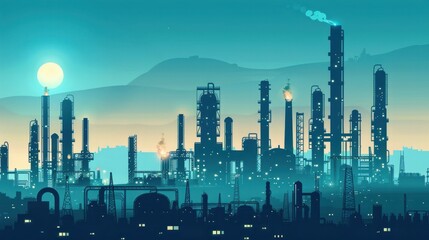 Obraz premium Illustrated as a silhouette, an industrial factories background features a blue oil refinery complex with pipes and gas production rigs, depicting the landscape of heavy industry.