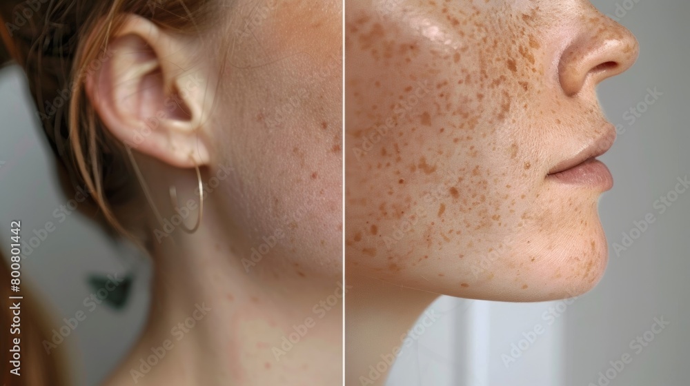 Poster a closeup of a before and after shot of a womans neck revealing a visible decrease in age spots and 