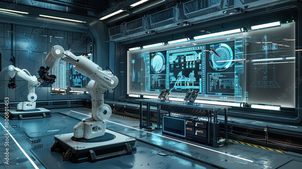 Poster illustrated in 3d rendering, a futuristic factory or workshop features assembly robot arms alongside