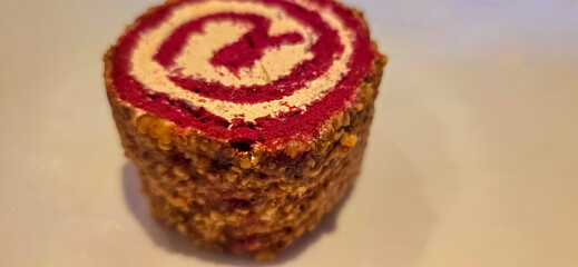 Red Velvet Roll Cake with candied peanuts shred topping for cooking content ideas
