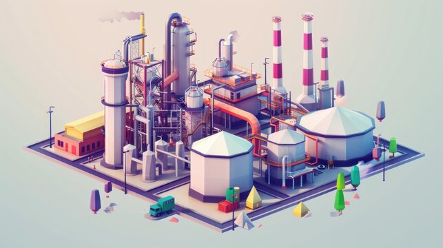 Illustrated in vector low poly style, an oil refinery plant is depicted with tankers for crude oil, processing facilities, and petroleum storage tanks, representing the oil industry.