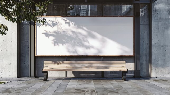 Blank mockup of a bus stop bench with subtle ad panels on the sides. .