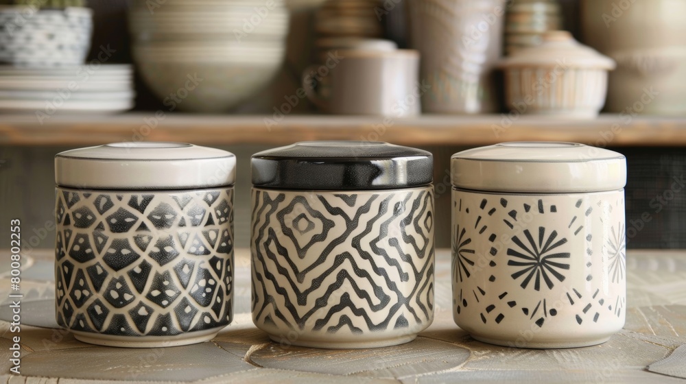 Poster a set of three lidded ceramic canisters each one featuring a different geometric pattern and perfect