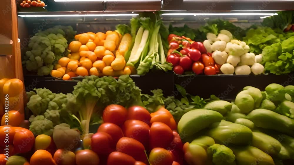 Poster variety of vegetables in display case generative ai