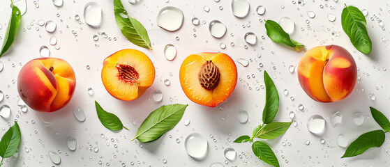 fresh peach, white background with water drops, crystal clear, fresh cut,