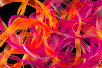 Vibrant pink and orange neon swirls and loops. Abstract art on black background.