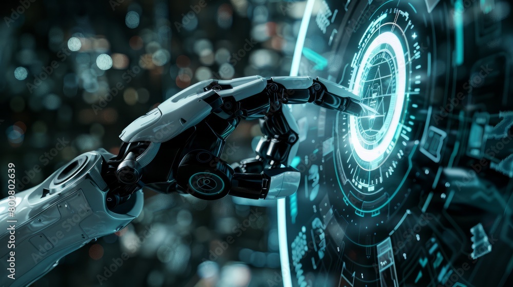 Poster in a futuristic design concept, a robot's mechanical arm or hand presses an index finger on a virtua
