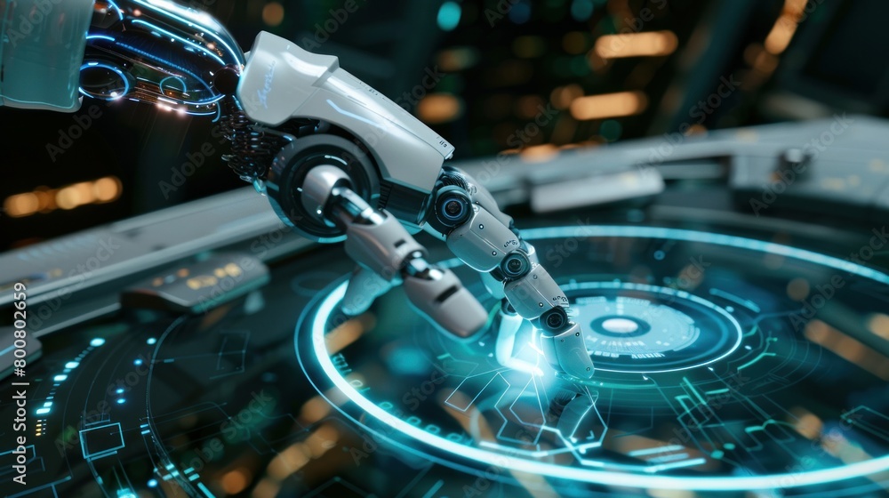 Poster in a futuristic design concept, a robot's mechanical arm or hand presses an index finger on a virtua