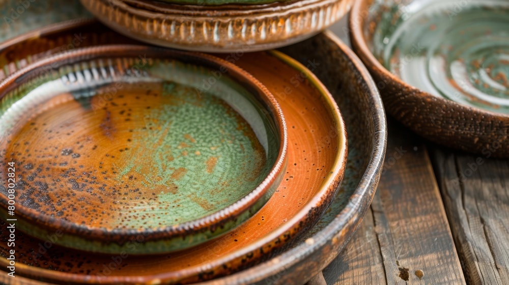 Poster a set of rustic serving dishes all featuring a similar color palette of warm browns greens and ruste