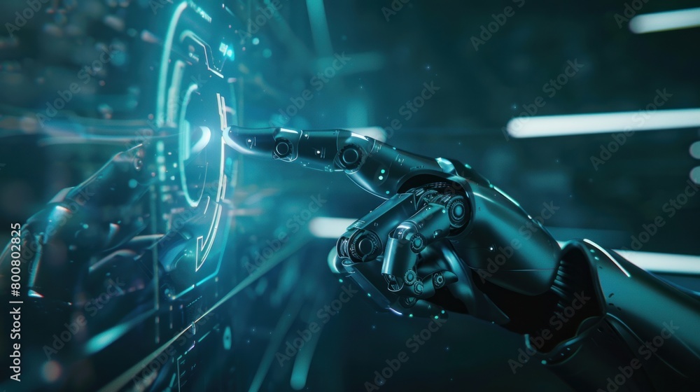 Poster in a futuristic design concept, a robot's mechanical arm or hand presses an index finger on a virtua