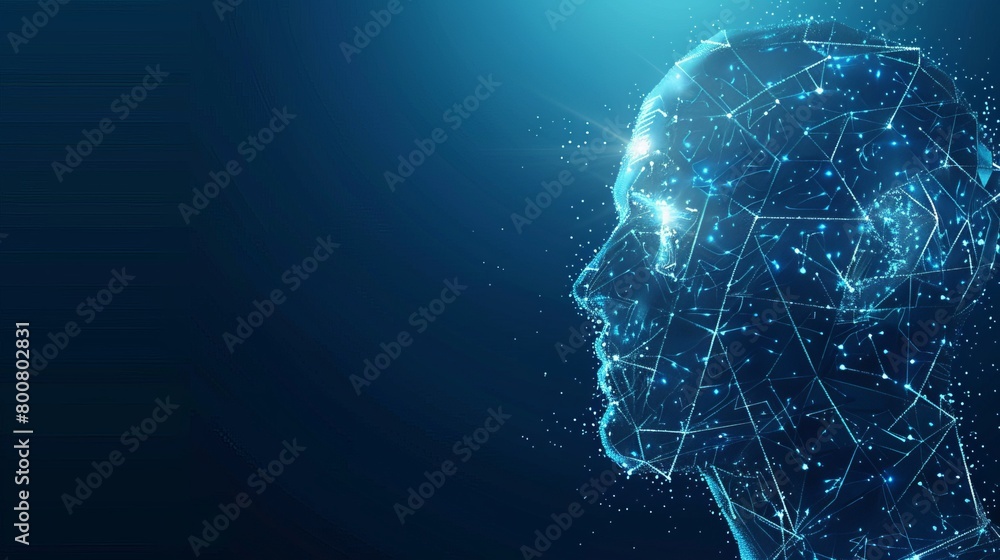 Poster in a vector 3d illustration against a blue background, artificial intelligence is depicted within a 