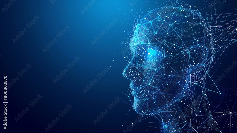 Poster in a vector 3d illustration against a blue background, artificial intelligence is depicted within a 