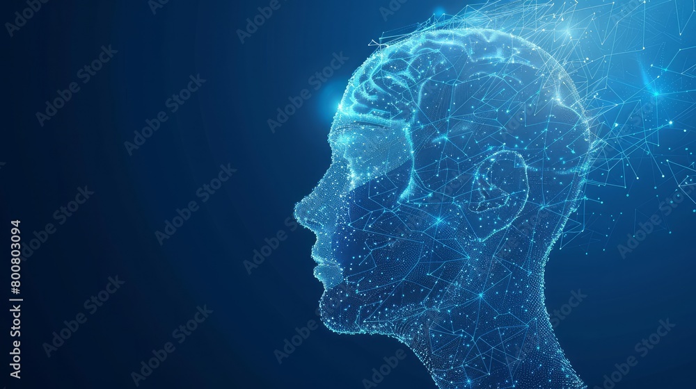 Poster in a vector 3d illustration against a blue background, artificial intelligence is depicted within a 