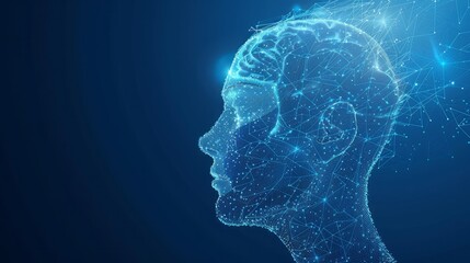 In a vector 3D illustration against a blue background, artificial intelligence is depicted within a humanoid head, featuring a digital brain and representing big data analysis and cyber technology.