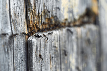 A group of tiny ants marching in a straight line across a weathered wooden fence, each one carrying a small crumb of food 4k.