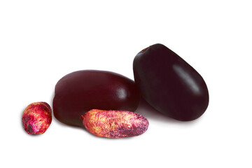 fresh jambolan plum, jamun,java plum,black jamun,syzygium cumini or jambhul fruit with seeds cutout in transparent background,png format