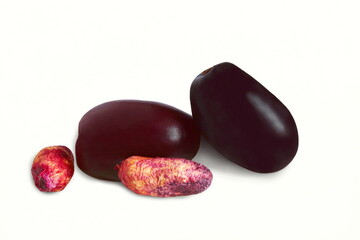 fresh jambolan plum, jamun,java plum,black jamun,syzygium cumini or jambhul fruit with seeds  in white background