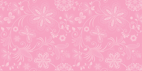Vector hand drawn seamless bi-color gentle pink spring pattern with flowers and butterflies