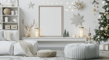 christmas decoration, lights composition on white design shelf with mock up poster frame