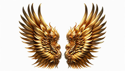 A pair of detailed golden wings on a pure white background