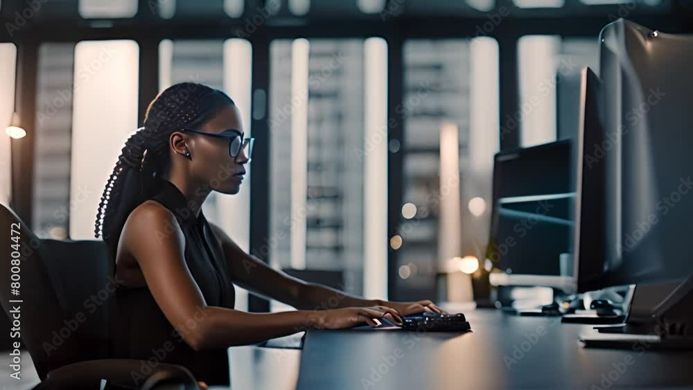 Poster woman working at desk on computer generative ai