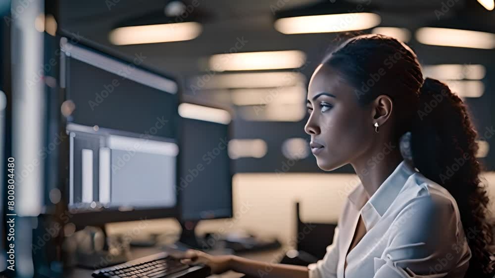 Poster woman sitting in front of computer monitor generative ai