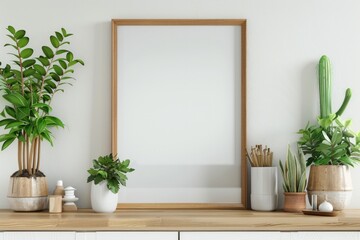 Fototapeta premium 3D rendering of a wooden frame mockup with plants. Generate AI image