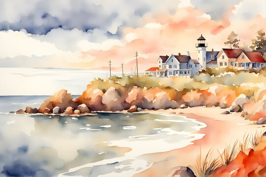 A painting of a beach with a lighthouse and houses in the background
