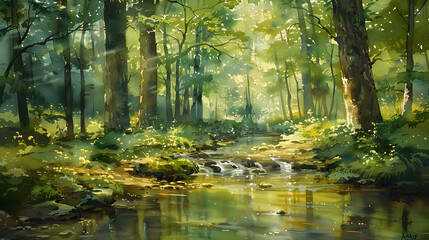 The serene forest scene features a gentle stream, lush greenery, and warm, golden sunlight filtering through the canopy, creating a serene and harmonious atmosphere.
