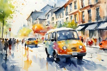 Fototapeta premium A painting of a busy city street with a yellow van and a red car