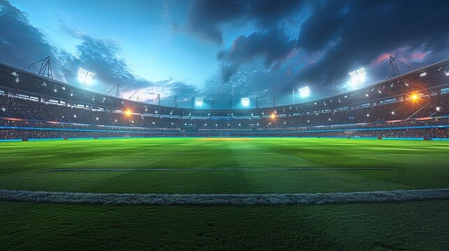 Night falls over a cricket stadium, showcased in a 3D illustration.