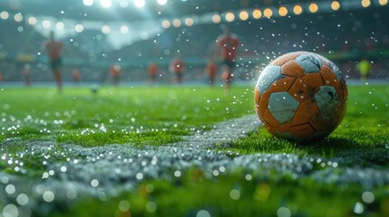 Soccer ball lying on grass. Football championship concept. Mockup with copy space