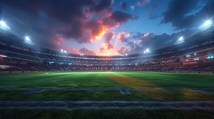 Night falls over a cricket stadium, showcased in a 3D illustration.