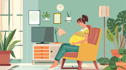Stressed pregnant woman working at home Vector illustration