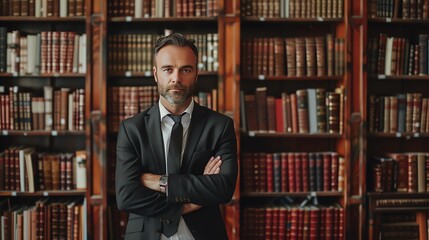 A man in a suit standing in a library, looking at the camera with a confident expression - obrazy, fototapety, plakaty