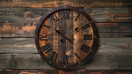 Clock face on wooden wall. Time concept.