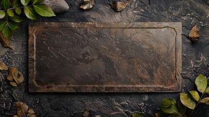 Rustic metal plate on dark background with leaves. Top view.