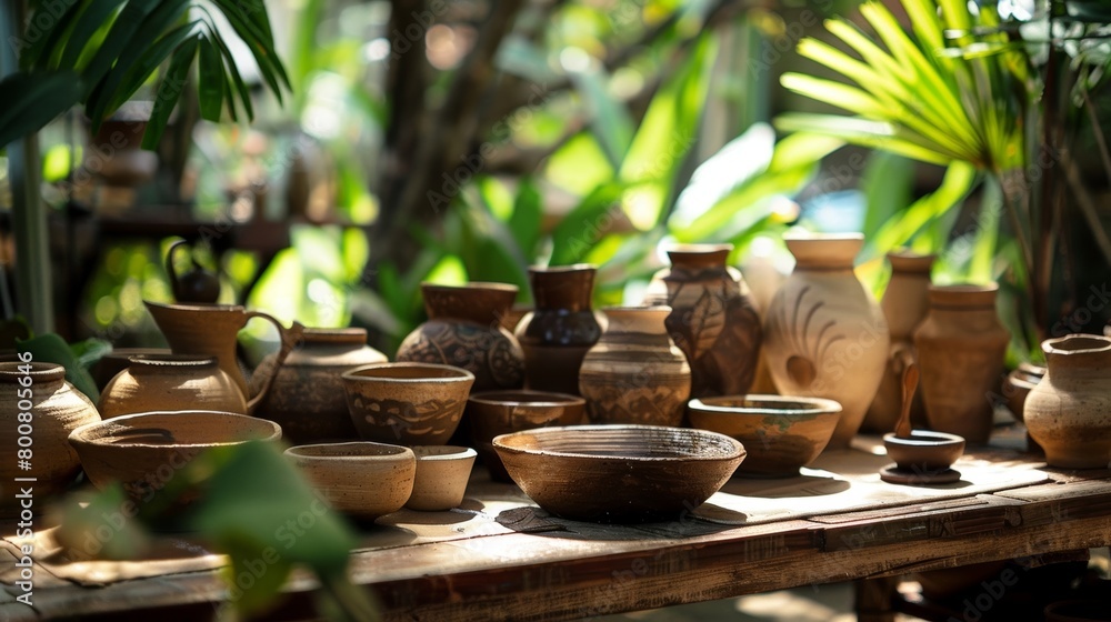 Poster a pottery t workshop set in a tranquil garden providing a serene environment for creating beautiful 