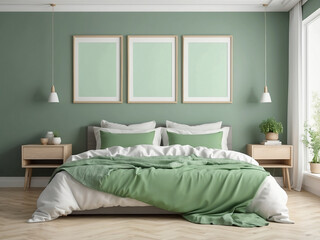 Tranquil Tones, Blank Frames Mockup in Light Green Bedroom Retreat