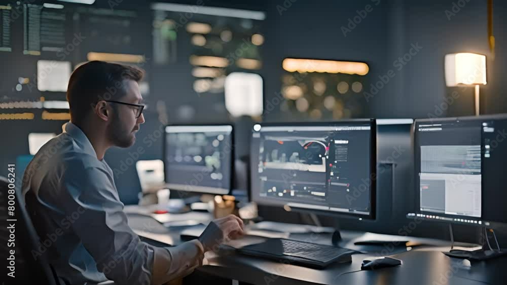 Poster man sitting at desk with three computer monitors generative ai