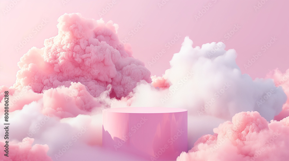 Aufkleber pastel pink 3d product display on cloudy platform with geometric stand. minimalist background with d